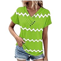 Womens Henley Tunic Tops Button Up T-Shirts Summer Short Sleeve V-Neck Casual Dressy Blouses Striped Tshirts