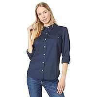 Tommy Hilfiger Women's Solid Button Collared Shirt with Adjustable Sleeves, Sky Captain, Extra Large