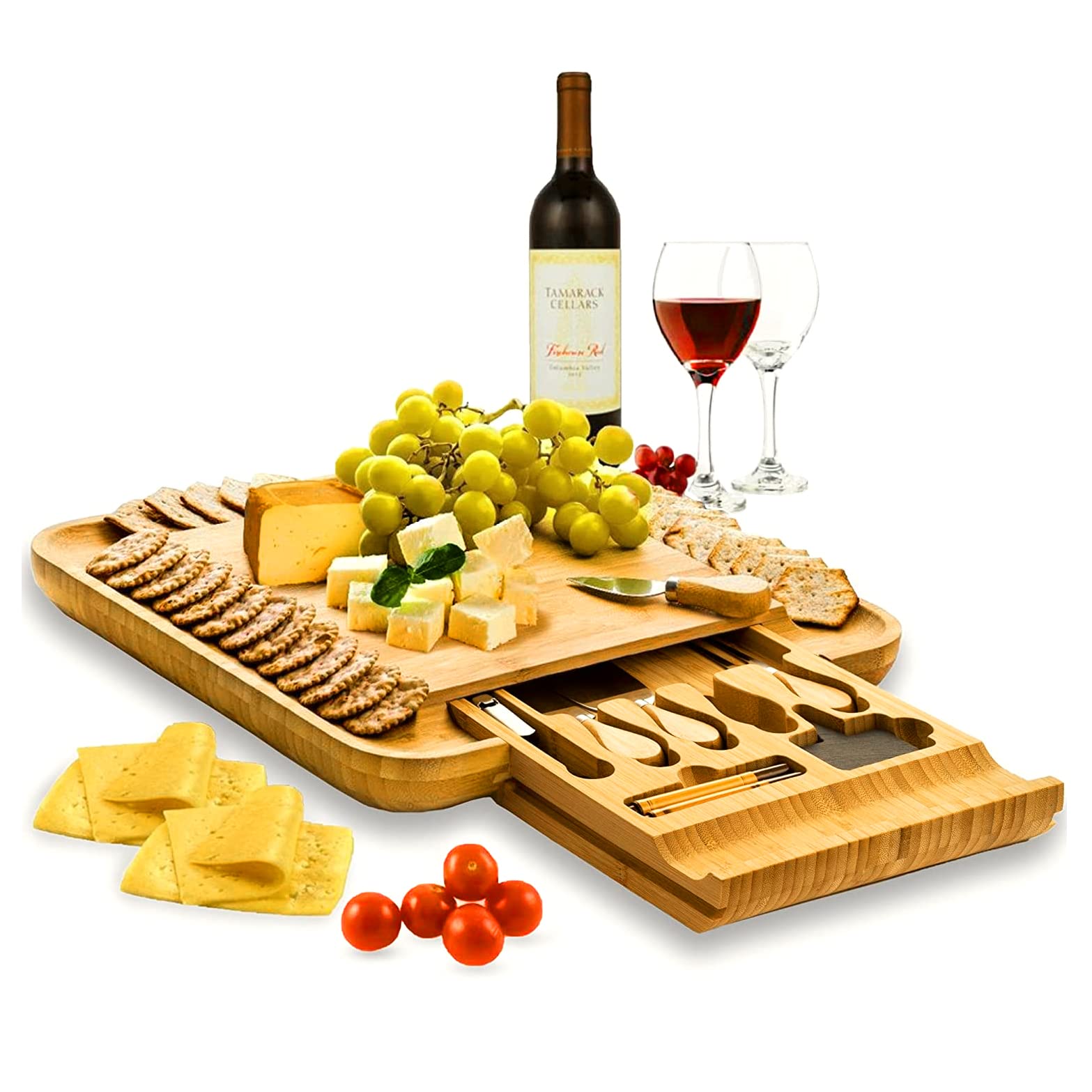 Bambüsi Charcuterie Boards Gift Set - Bamboo Cheese Board Set, Charcuterie Boards Accessories with Serving Knife - Unique Birthday Gifts for Women - Perfect Housewarming, Wedding Gifts for Couple