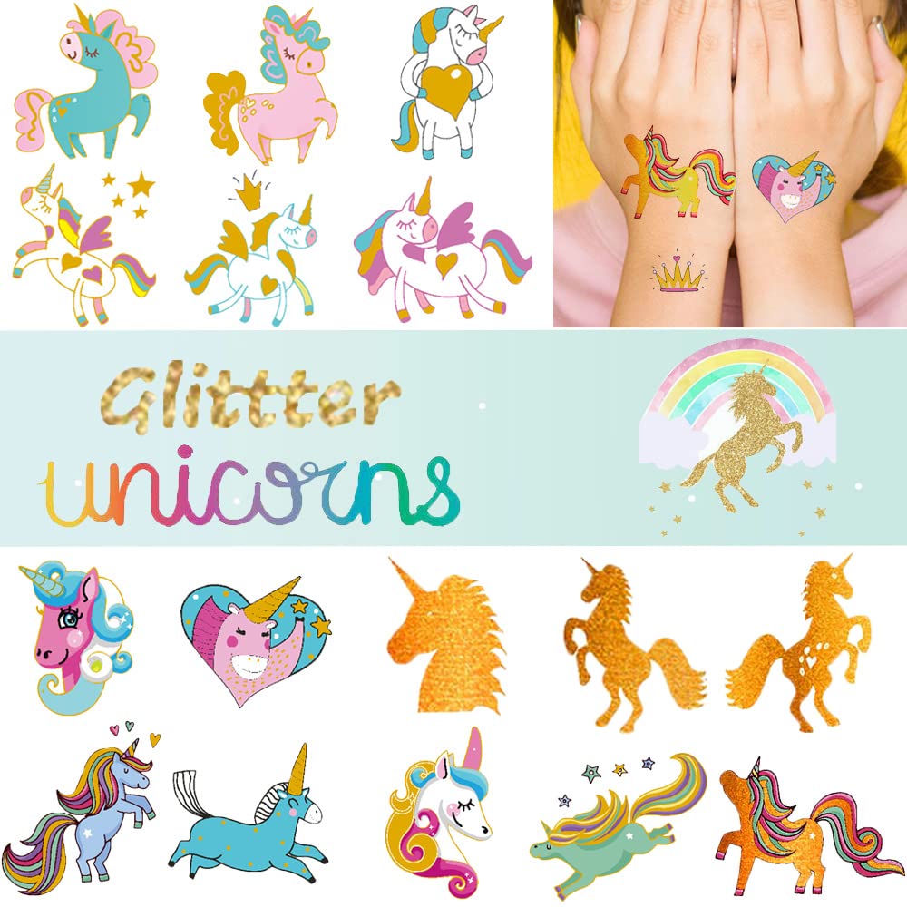 Ooopsi Unicorn Tattoos for Kids - 58 Gold Glitter Styles Tattoos Unicorn Party Favors and Birthday Decorations for Girls Boys