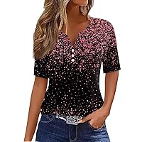 Summer Tops for Women 2024 Short Sleeve V Neck Tops Tunic Plus Size Blouses Loose Fit Sequin Sparkly Print Shirts