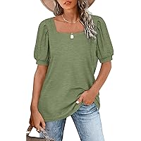 BZB Womens Summer T Shirts Square Neck Puff Sleeve Tunic Tops Casual Blouse S-2XL