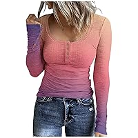 Women Solid Button Down Henley Shirts Casual Scoop Neck Slim Fit Tunic Tops Trendy Long Sleeve Daily Work Outfits