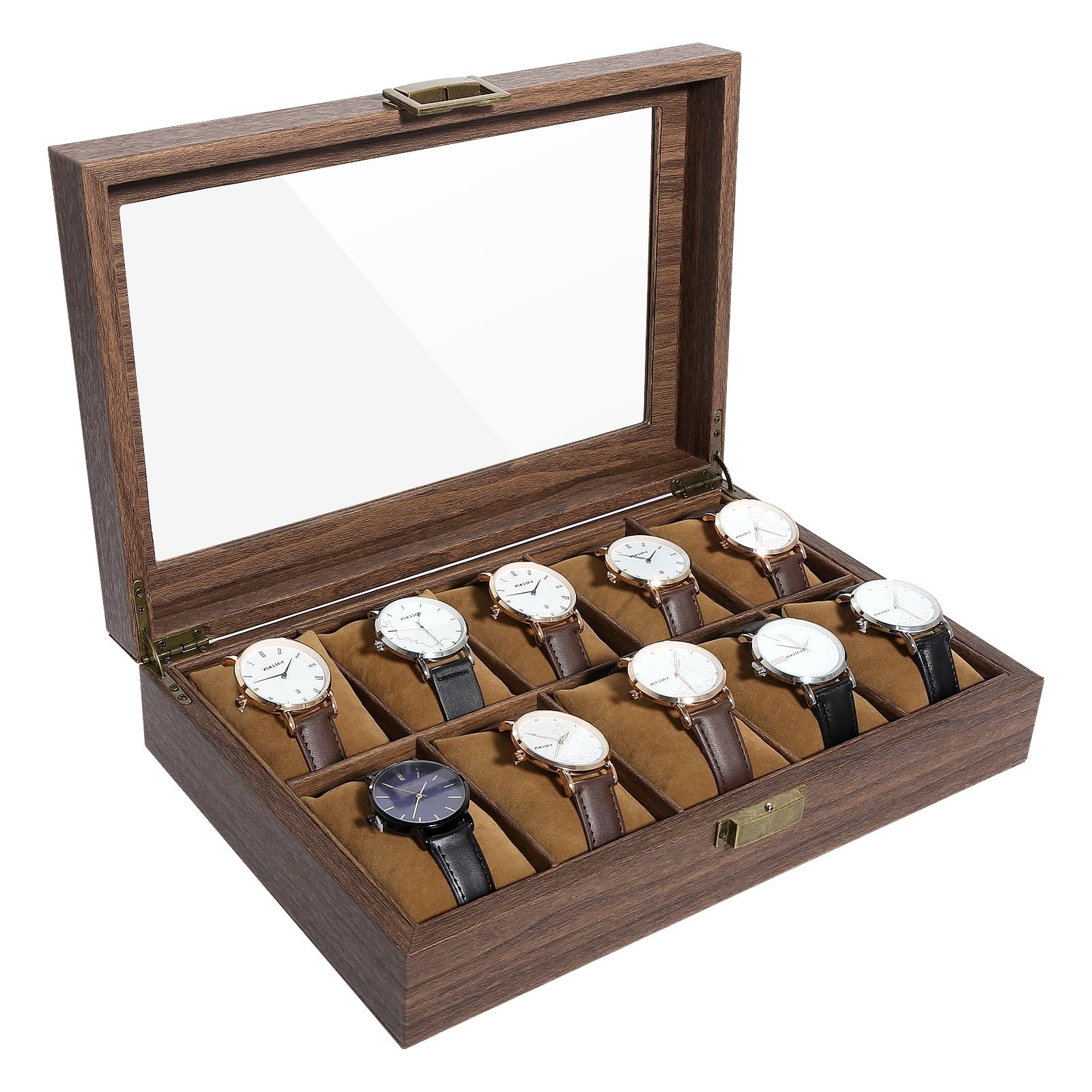 Uten 10 Slots Watch Box, Watch Case Organizer with Real Glass Lid, Wood Grain PU Leather Watch Display Storage Box with Removable Imitation Suede Watch Pillows, Metal Clasp, Gift for Men and Women