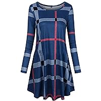 Andongnywell Women Checkered Plaid Swing Tunic Scoop Neck Casual Mini Dress with Pocket Striped Loose T-Shirt Dress