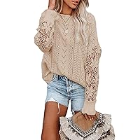 Dokotoo Womens Crewneck Crochet Lace Long Sleeve Hollow Out Cable Knit Sweaters Pullover Tops