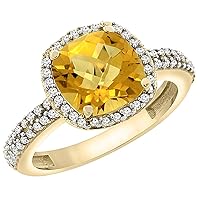 10K Yellow Gold Natural Whisky Quartz Cushion 8x8 mm with Diamond Accents, sizes 5-10