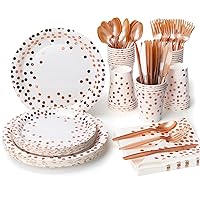 Party Supplies Set - 210 Pieces of White and Rose Gold Dot Paper Plates, Cups, Napkins, and Heavy Duty Silverware for 30 Guests for Birthdays, Graduation, Wedding, Festivals