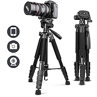 67” Camera Tripod with Travel Bag, Cell Phone Tripod with Bluetooth Remote and Phone Holder, Compatible with All Cameras, Cell Phones, Projector, Webcam, Spotting Scopes