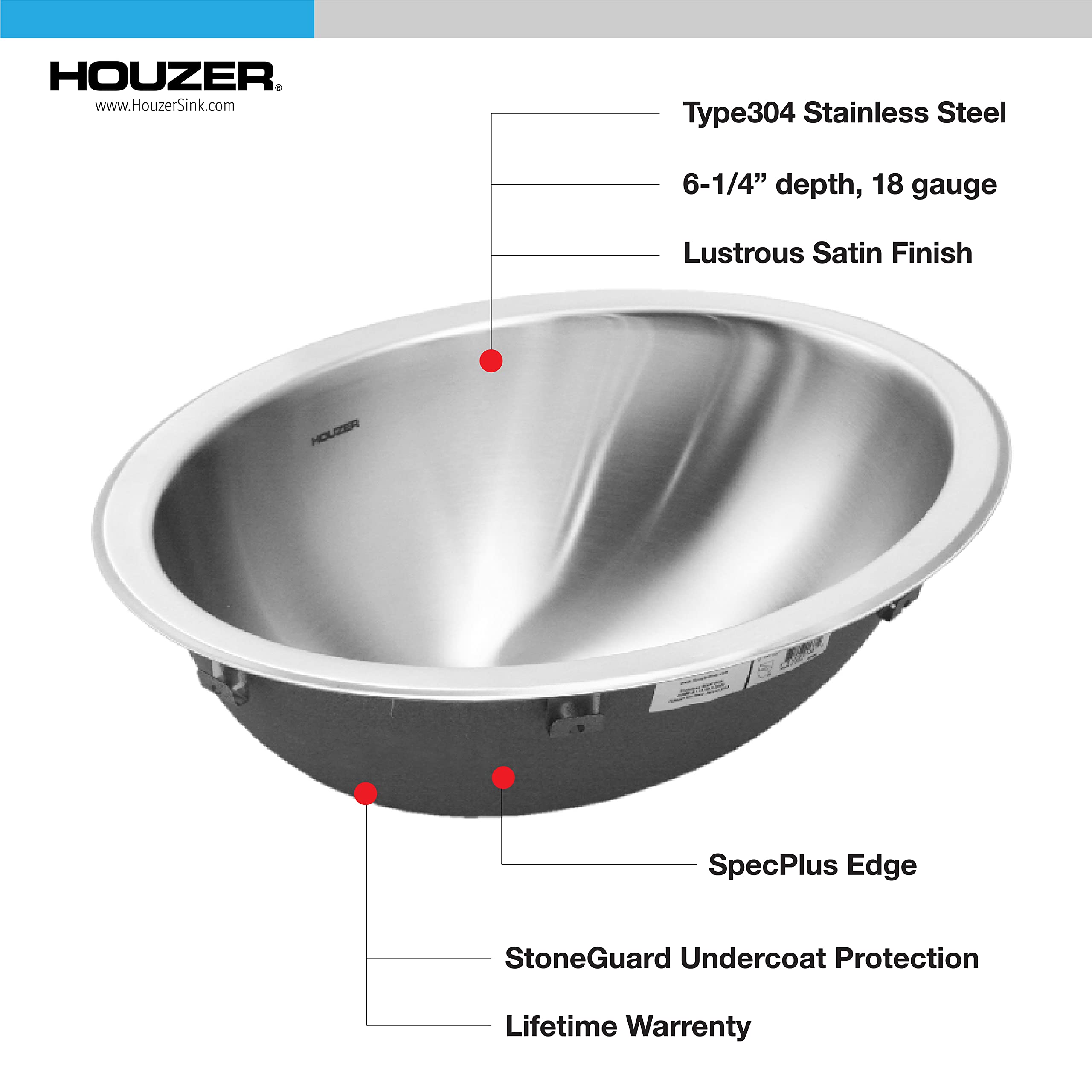 HOUZER Opus Series CHT-1800-1 Topmount Oval Bowl Bathroom Sink, Without Overflow, 17-3/4