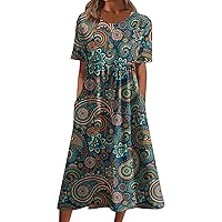 Yellow Maxi Dress Maxi Summer Dresses for Women 2023 Formal Short Sleeve Summer Dress Ladie's Elegant Mid Length Loose with Pockets Graphic Crewneck Tunic Dress for Women Dark Green