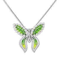 Rhodium Plated Sterlin Silver Hand Painted Enamel Womans Green Butterfly Charm Necklace 18in