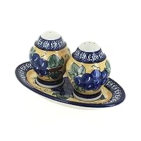 Blue Rose Polish Pottery Grapes Salt & Pepper Shakers with Plate