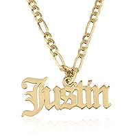 Beleco 18k Gold Plated or Sterling Silver 925 Custom Name Necklace - Personalized Name Plate Necklace with Elegant Figaro Chain, Old English Font | Customized & Personalized Necklaces