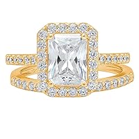 2.14ct Emerald Cut Halo Solitaire Moissanite Engagement Promise Anniversary Bridal ring band set 14k Yellow Gold