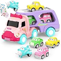 Toys for 1 2 3 Year Old Girl, 5-in-1 Carrier Truck for Toddler Girl, Friction Power Toy Cars with Light & Sound, Birthday Gifts, Pink