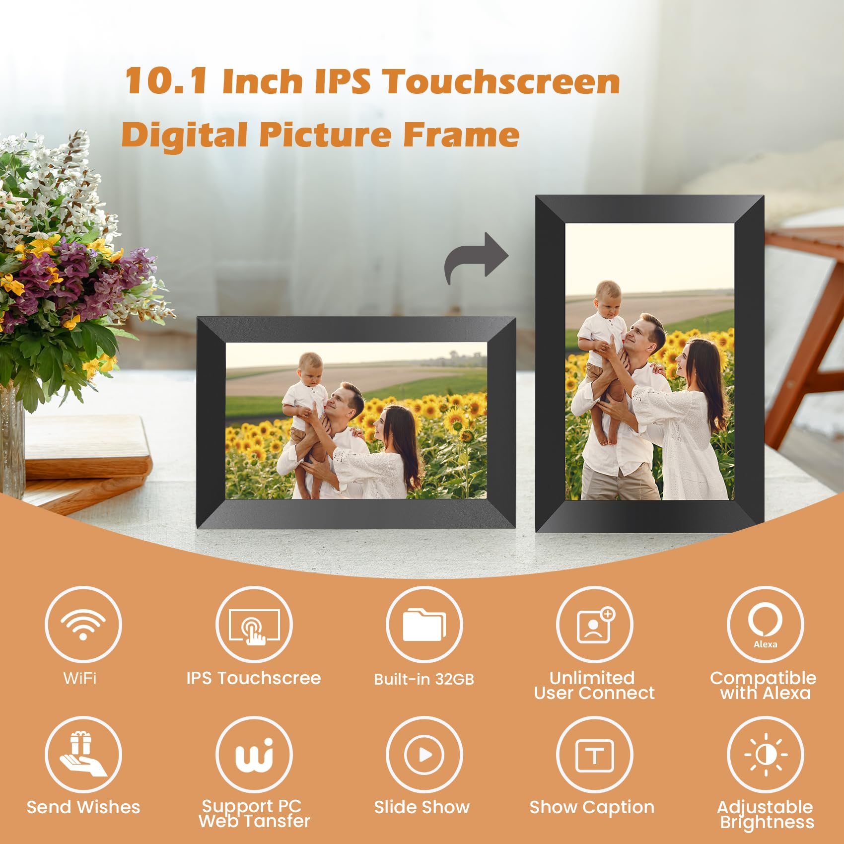 WONNIE 10.1 Inch WiFi Digital Picture Frame with 32GB Memory, 1280x800HD IPS Touch Screen Electronic Photo Frames, Easy Set-up & Use, Instant and Private Photo-Sharing, Send Wishes, Auto-Rotate