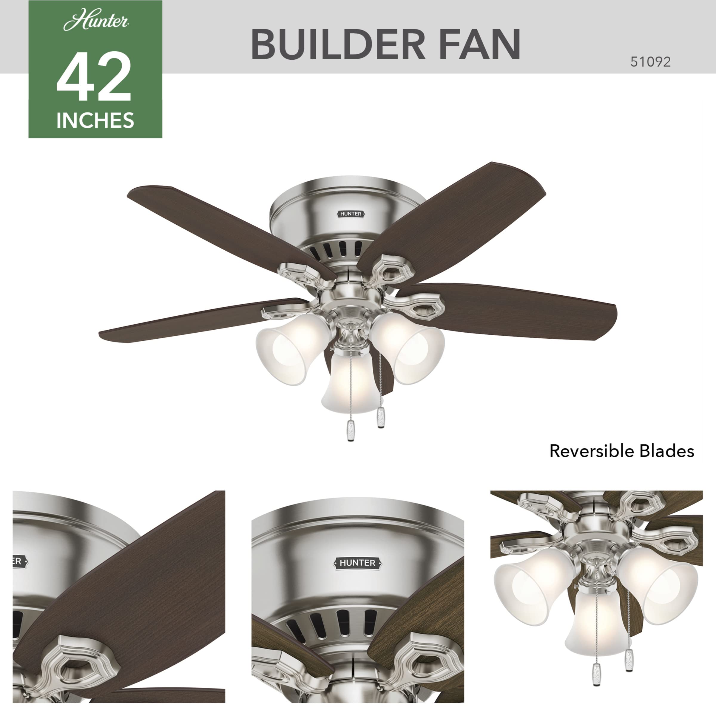 Hunter Fan Company, 51092, 42 inch Builder Brushed Nickel Low Profile Ceiling Fan with LED Light Kit and Pull Chain