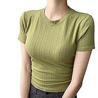 Women's Short Sleeve Crewneck T Shirt 2024 Summer Ribbed Knit Slim Fit Casual Basic Tee Tops Spring Tops