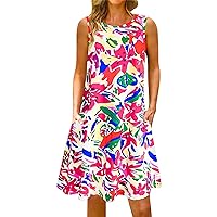 Summer Dresses for Women Casual Sleeveless Tshirt Beach Sundresses Swing Tank Dress Classic Floral Flowy Loose Fit Dress