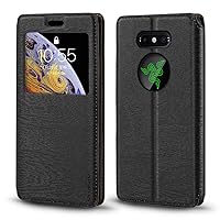 Razer Phone 2 Case, Wood Grain Leather Case with Card Holder and Window, Magnetic Flip Cover for Razer Phone 2 Black