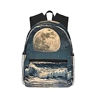 Moon And Sea Print Backpacks Casual,Pacious Compartments,Work,Travel,Outdoor Activities Unisex Daypacks