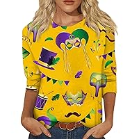 Womens Mardi Gras Shirt 3/4 Sleeve Round Neck Tuesday Carnival Tops Dressy Casual Glitter Mask Graphic Party Blouse