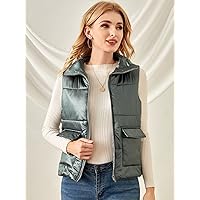 Jacket for Women - Flap Pocket Zipper Up Vest Puffer Coat (Color : Dark Green, Size : X-Small)