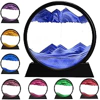 rysnwsu 3D Dynamic Sand Art Liquid Motion, Moving Sand Art Picture Round Glass 3D Deep Sea Sandscape in Motion Display Flowing Sand Frame Relaxing Desktop Home Office Work Decor (Blue, 7'')