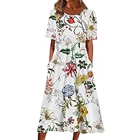 Women's 2024 Casual Summer Dresses Floral Boho Beach V-Neck Buttons Short Sleeve Pockets Loose Midi Dress for Women
