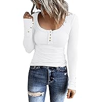 Women's Long Sleeve Shirts Casual Fall Henley Top Button Down Blouses Basic Ribbed Knit T Shirts 2024(White,S)