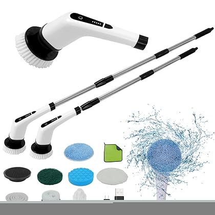 Electric Spin Scrubber, Cordless Bathroom Scrubber, Power Brush Floor Scrubber with Adjustable Handle, 7 Multi-Purpose Cleaning Brush Heads, for Bathtub,Tile, Shower, Window and Kitchen