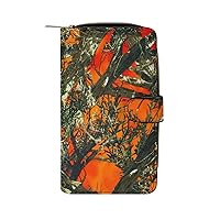 Orange Camo Womens Leather Wallets Slim Card Holder Purse RFID Blocking Bifold Clutch Handbag Zippered Pocket