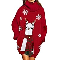 Pink Queen Women Cute Turtleneck Batwing Sleeve Santa Alpaca Christmas Knit Sweater Dress with Pockets Red S