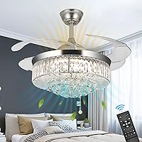 42 Inches Crystal Ceiling Fan Silver Crystal Ceiling Fan Chandelier with Remote 3 Speeds 3 Colors Changes Lighting Fixture, 4 Blades Retractable Fans for Bedroom Living Room Dining Room