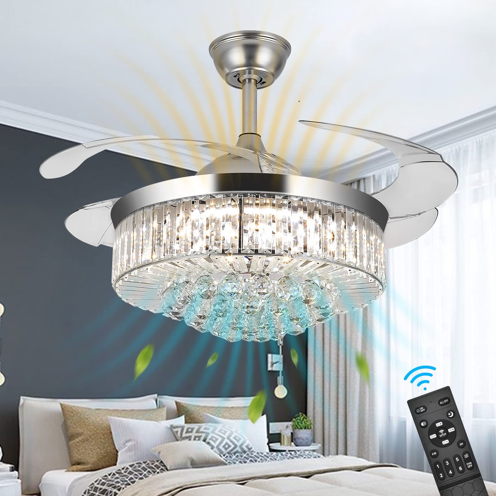 wuyule 42 Inches Crystal Ceiling Fan Silver Crystal Ceiling Fan Chandelier with Remote 3 Speeds 3 Colors Changes Lighting Fixture, 4 Blades Retractable Fans for Bedroom Living Room Dining Room