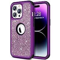 Hython for iPhone 14 Pro Case, Heavy Duty Full-Body Defender Protective Phone Cases Glitter Bling Sparkle Hard Shell Hybrid Shockproof/Drop Proof 3-Layer Military Rubber Bumper Cover Women, Purple