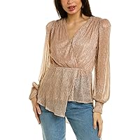 BCBGMAXAZRIA Women's Fit and Flare Long Sleeve Top Surplice Neck Ruched Shoulders Smocked Cuffs Asymmetrical Hem Shirt