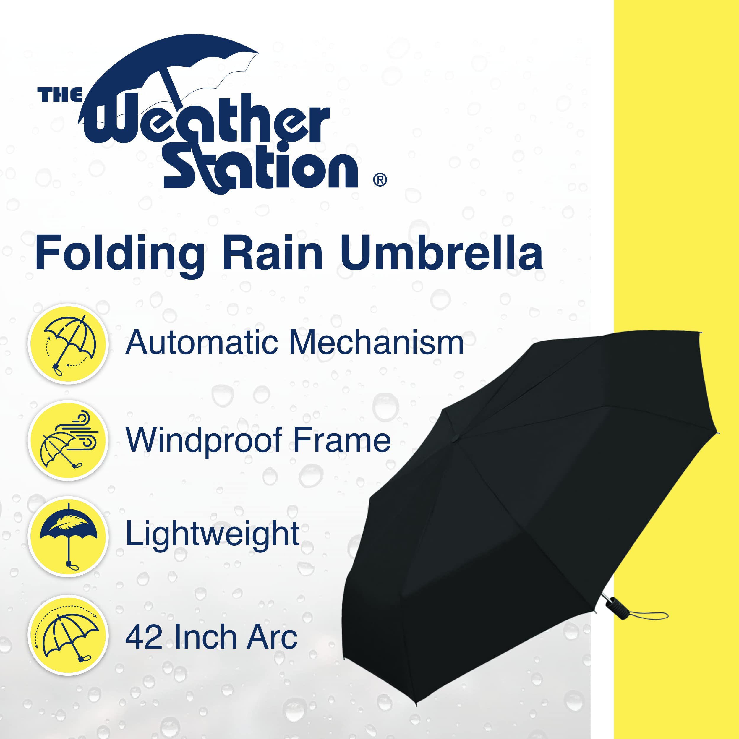 Weather Station Rain Umbrella, Automatic Folding Umbrella, Windproof, Lightweight, and Packable for Travel, Full 42 Inch Arc, Black