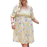 LALAGEN Women's Half Sleeve Dress Short Floral Multicolor Plus Size Floral Print Ruffle Bubble Sleeve Babydoll Dress