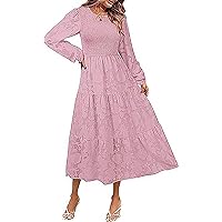 Women Bohemian Puff Sleeve Maxi Dress Crew Neck Flora Midi Dress Fall Long Sleeve Dress A Line Casual Wedding Guest Dresses