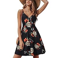 STYLEWORD Womens' 2024 V Neck Floral/Solid Spaghetti Strap Summer Casual Swing Sundress with Pocket