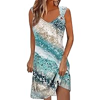 Cute Dresses, 2024 Spring Summer Casual Flutter Sleeveless Crew Neck Print Elastic Waist Tiered Midi Tank Dress Family Photo for Women Dresses Clothes Vestido Dresses Casual (L, Cyan)