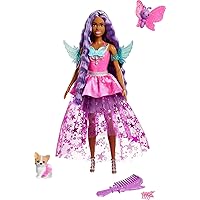 Barbie A Touch of Magic Doll, Brooklyn with Wing-Detailed Dress, 7-inch Long Fantasy Hair, 2 Fairytale Pets & Accessories
