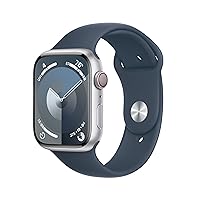 Watch Series 9 [GPS + Cellular 45mm] Smartwatch with Silver Aluminum Case with Storm Blue Sport Band M/L. Fitness Tracker, Blood Oxygen & ECG Apps, Always-On Retina Display
