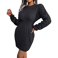 Women Long Sleeve Pullover Sweater Dress Solid Fall Casual Cable Knit Dresses Stretch Slim Bodycon Mini Sweater Dress
