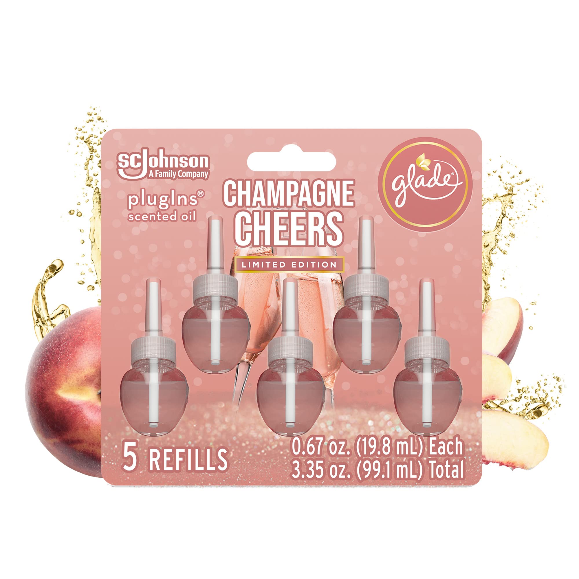 Glade PlugIns Refills Air Freshener, Scented and Essential Oils for Home and Bathroom, Champagne Cheers, 3.35 Fl Oz, 5 Count