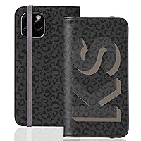 Custom Initials Personalized Monogram Black Leopard Flip Folio Wallet Case, Designed ‎‎for‎ ‎iPhone 15 Plus, 14 Pro Max, 13 Mini, 12 Pro, 11, Galaxy S24 Plus, S23 Ultra, S22 S20 Note