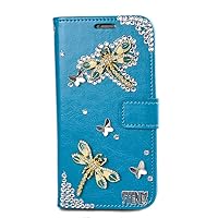Crystal Wallet Phone Case Compatible with iPhone 13 Pro Max - Dragonfly - Blue - 3D Handmade Sparkly Glitter Bling Leather Cover with Screen Protector [2 Pack]