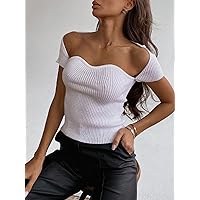 GANG Summer 2022 Women's Knitted Square Neck Corset top, Black White tee Streetwear Short Sleeve tee (Color : White, Size : Large)